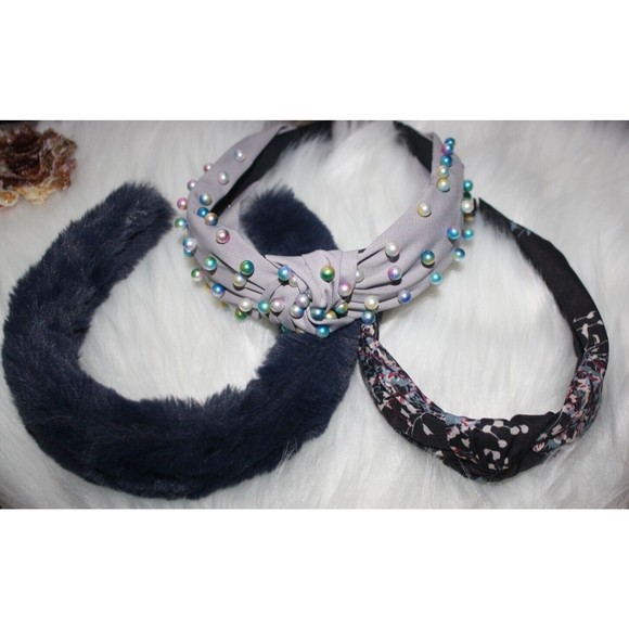 Lot of 3 Women's Teen's Girl's Headbands Black Floral Blue Fur Gray Pearls GUC - Picture 2 of 3
